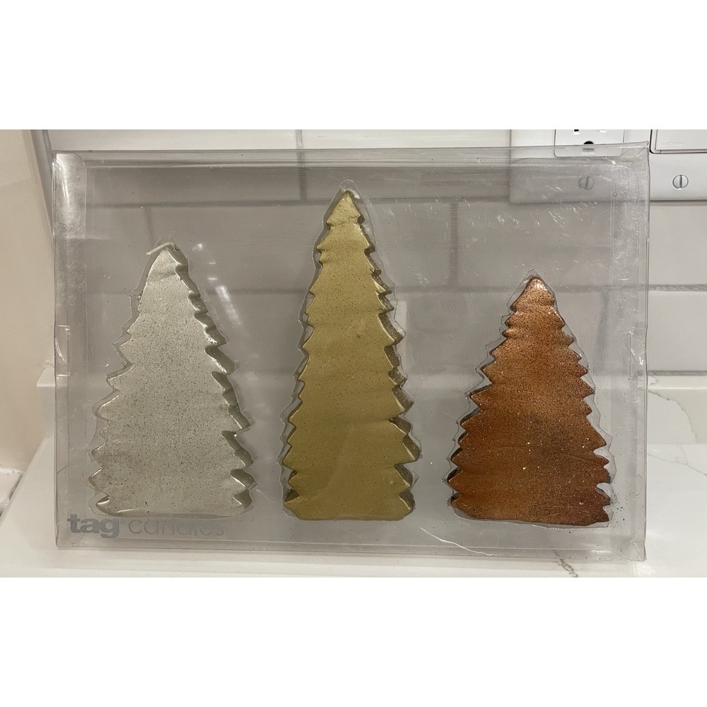 Tag Christmas Tree Candle Set of 3 Metallic Holiday Minimalist Centerpiece New‎